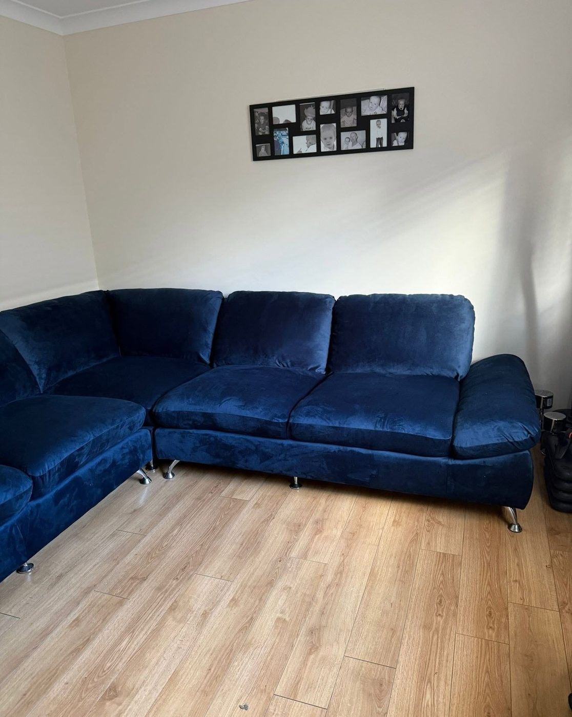 The same corner sofa recovered in blue