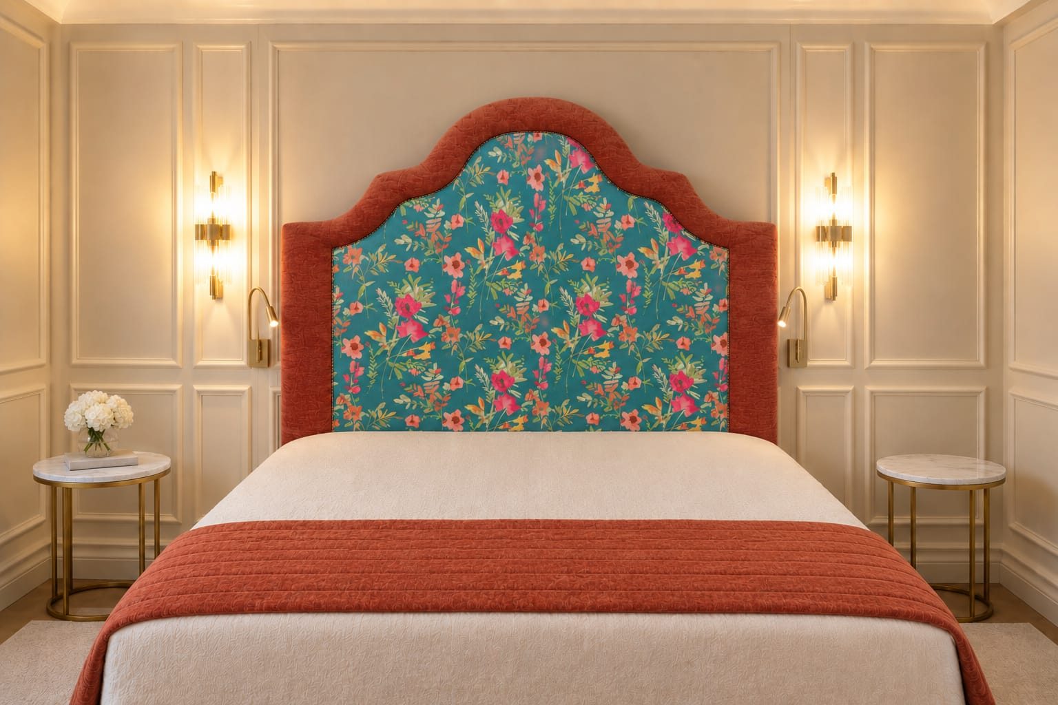 Upholstered headboard in teal floral fabric with rust trim on a made bed between nightstands