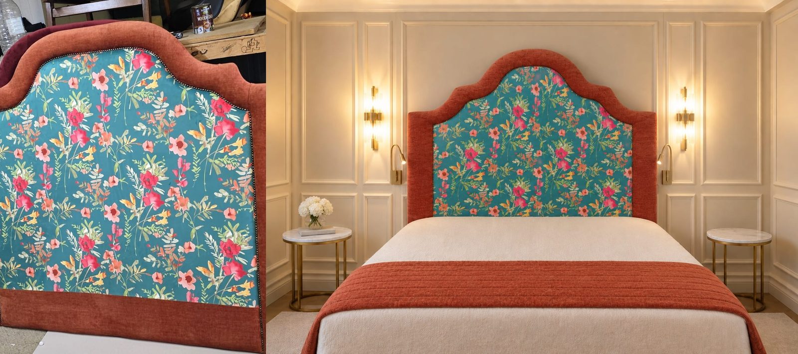Upholstered bed headboard with teal floral fabric and rust trim, shown close up and on a bed between nightstands